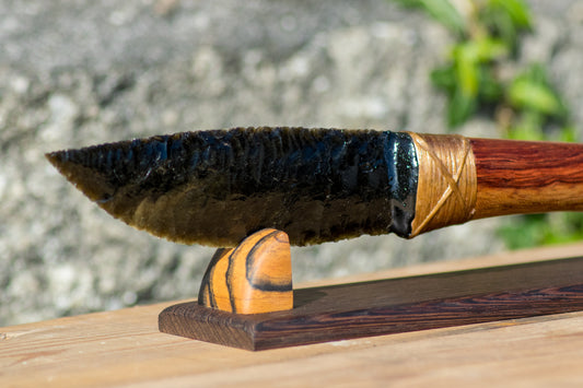 Bowman Lithics Signature Knife #015 – Gold Sheen Obsidian with Oak, Padauk & Rosewood Handle