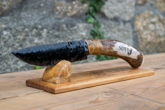Bowman Lithics Signature Knife #024 – Black Obsidian with Custom Engraved Scottish Red Deer Antler Handle
