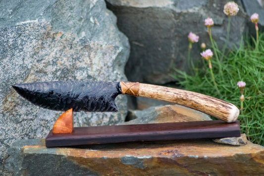 Bowman Lithics Signature Knife #013 – Velvet Rainbow Obsidian Tanged Blade with Scottish Red Deer Antler Handle