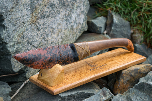Bowman Lithics Signature Knife #022 – Mahogany Obsidian with Walnut, Oak & Thuya Burl Handle
