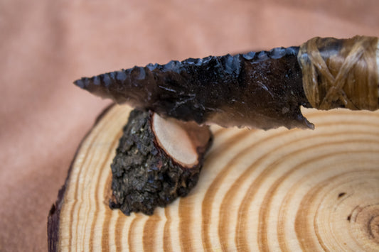 Bowman Lithics Signature Knife #001 – Rainbow Obsidian Tanged Blade with Red Deer Horn Handle