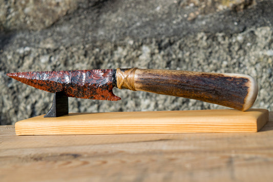Bowman Lithics Signature Knife #005 – Mahogany Obsidian Straight Back Blade with Red Deer Antler Handle