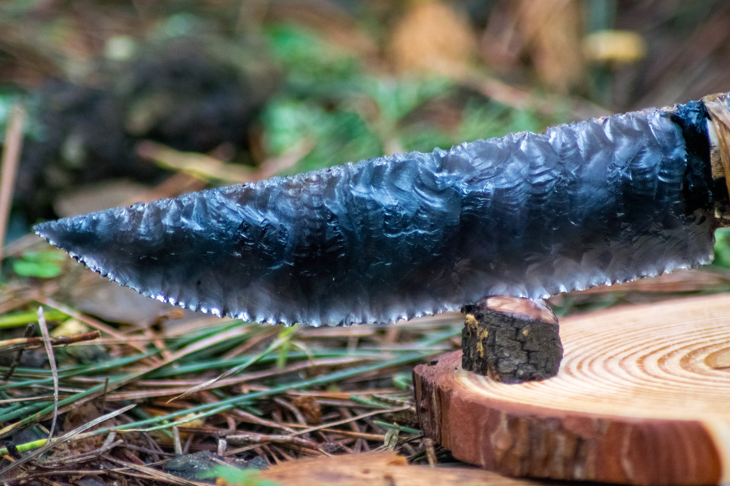 Bowman Lithics Signature Knife #007 – Rainbow Obsidian Straight Back Blade with Red Deer Antler Handle