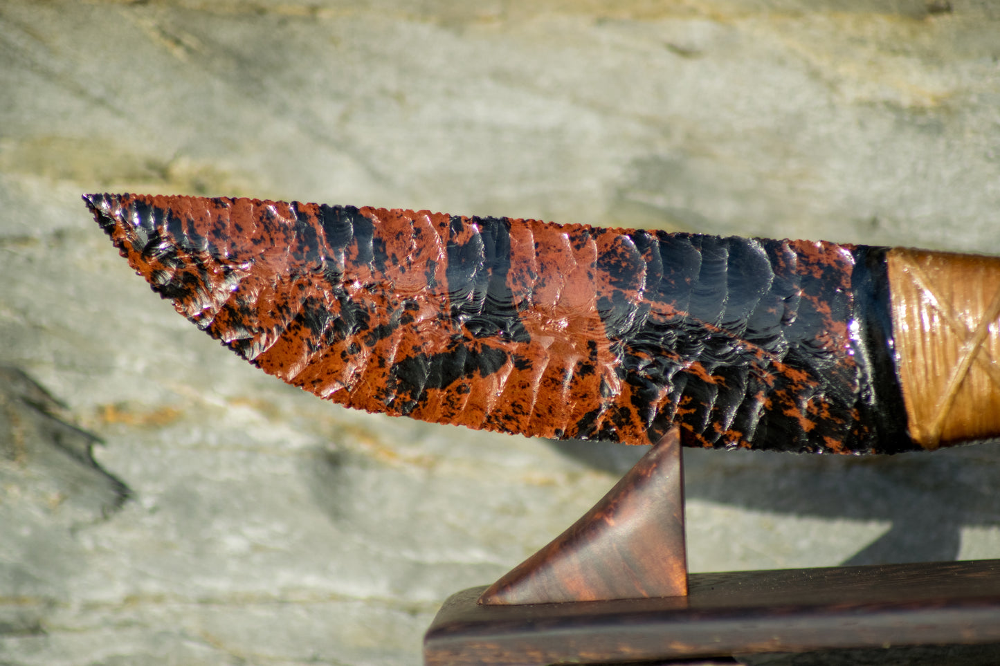 Bowman Lithics Signature Knife #011 – Oregon Mahogany Obsidian Straight Back Blade with Oak, Maple & Burl Handle
