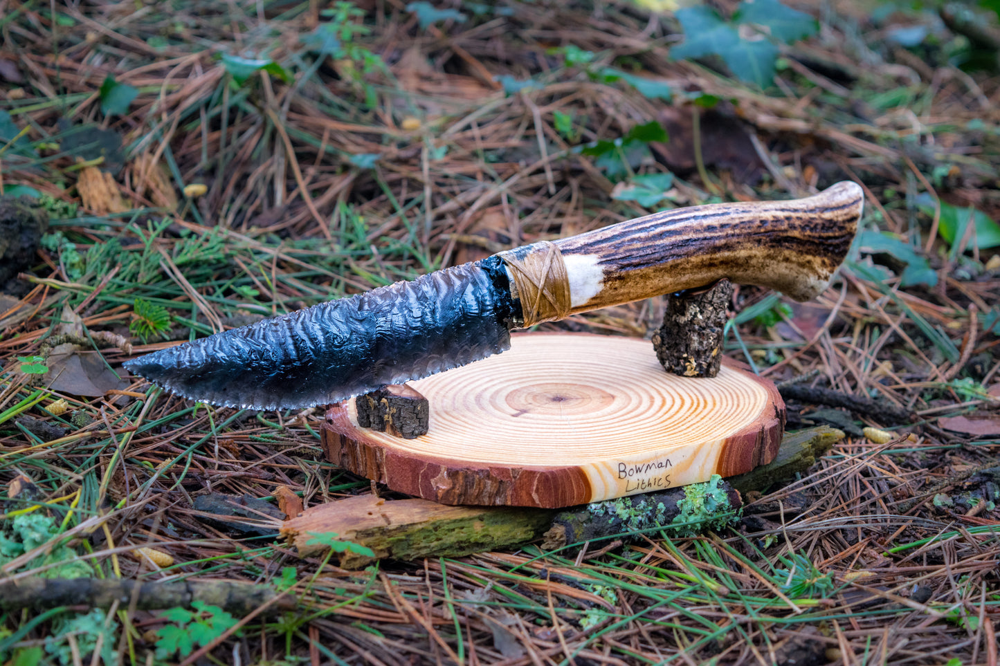 Bowman Lithics Signature Knife #007 – Rainbow Obsidian Straight Back Blade with Red Deer Antler Handle