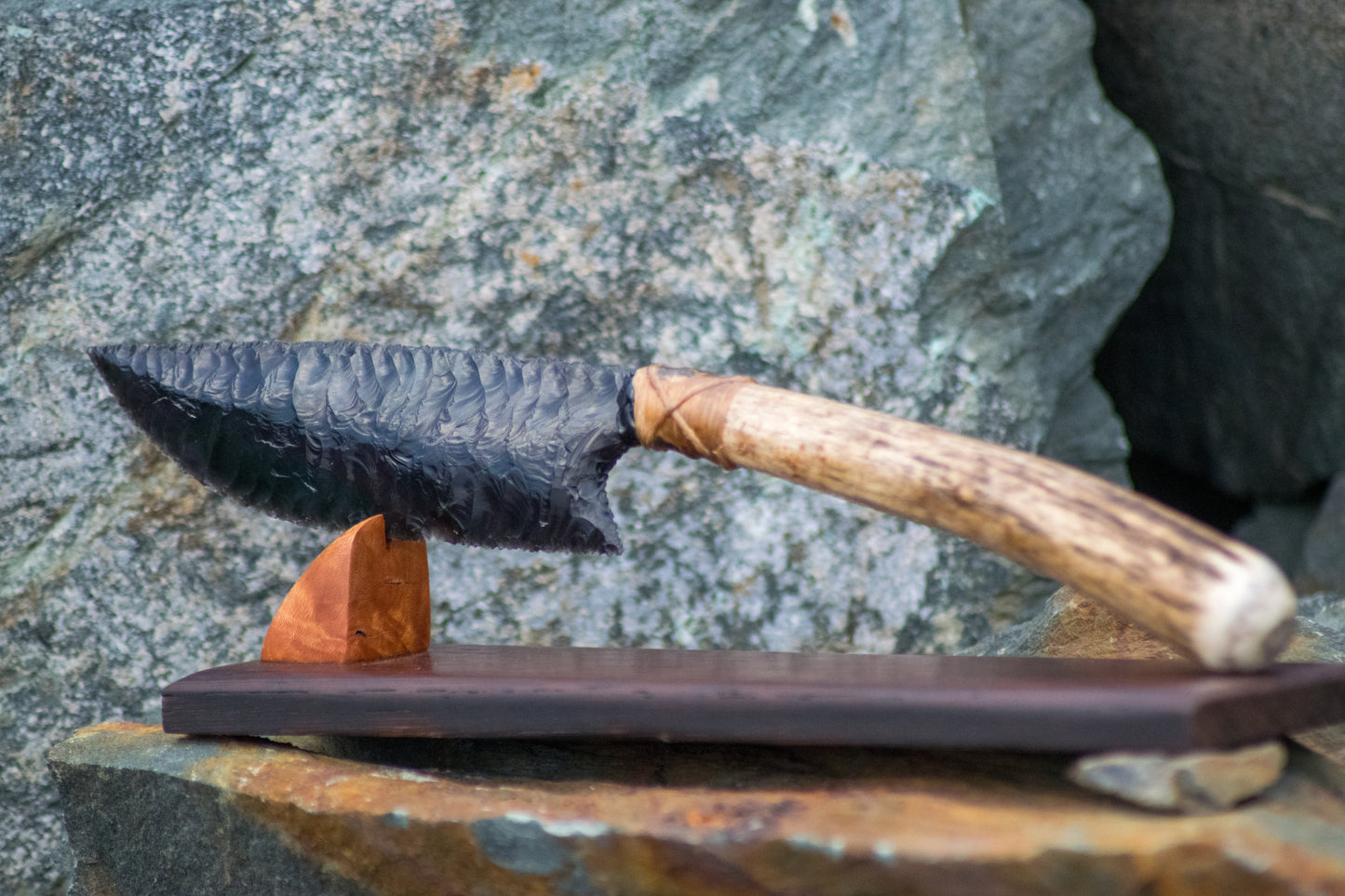 Bowman Lithics Signature Knife #013 – Velvet Rainbow Obsidian Tanged Blade with Scottish Red Deer Antler Handle