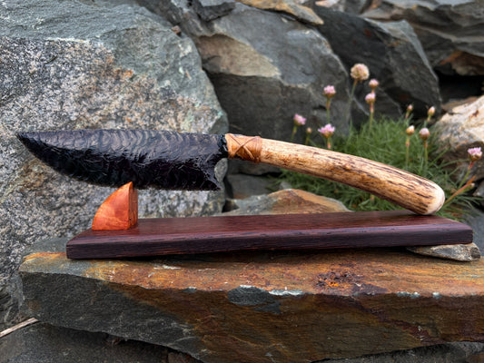 Bowman Lithics Signature Knife #013 – Velvet Rainbow Obsidian Tanged Blade with Scottish Red Deer Antler Handle