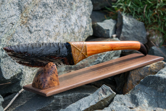 Bowman Lithics Signature Knife #021 – Midnight Lace Obsidian with Tulip, Oak & Burl Handle