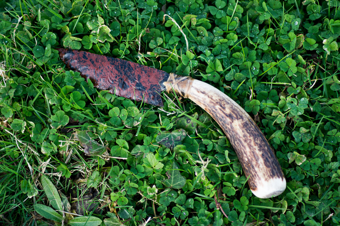 Bowman Lithics Signature Knife #003 – Mahogany Obsidian Tanged Blade with Red Deer Horn Handle