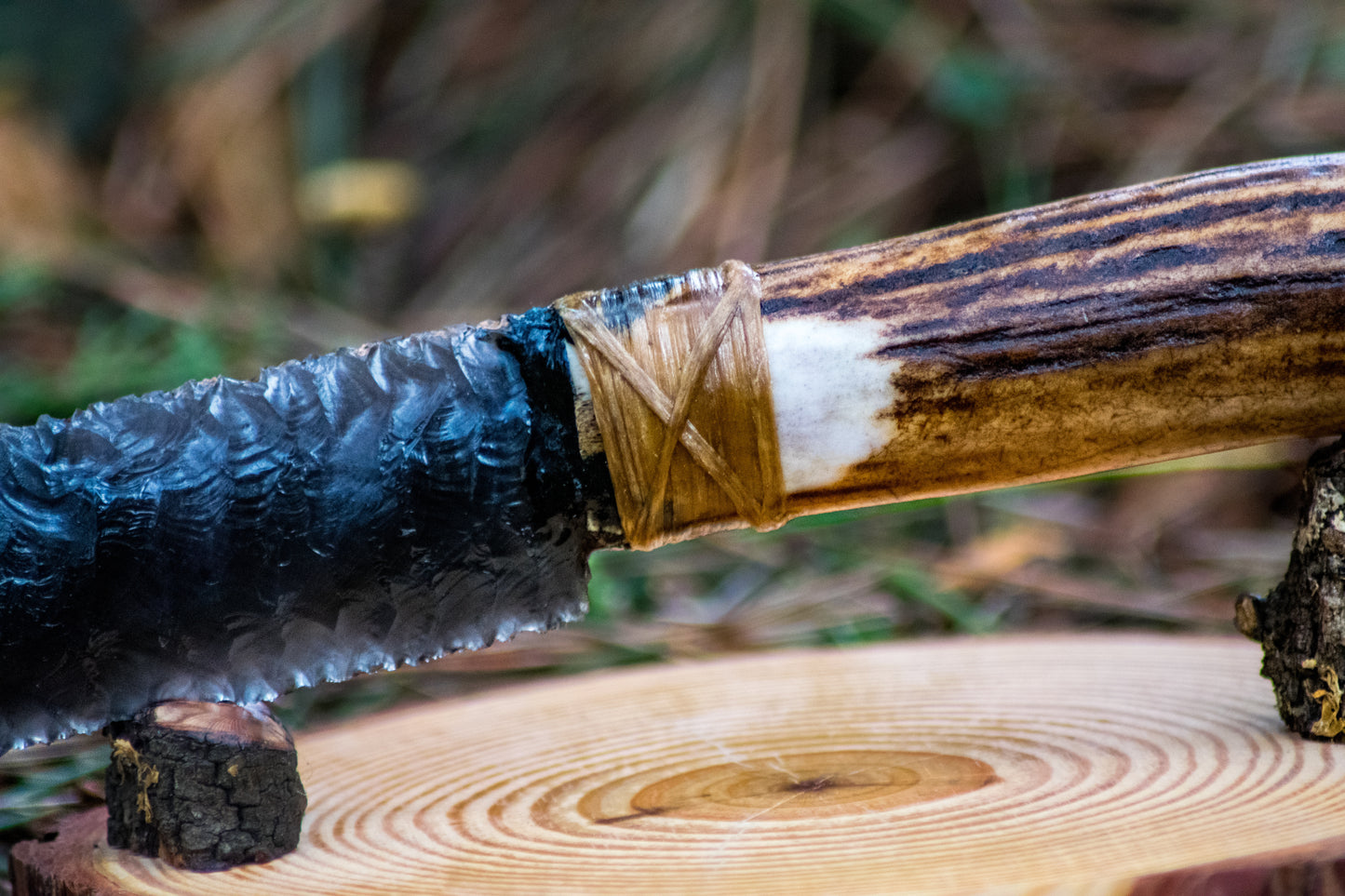 Bowman Lithics Signature Knife #007 – Rainbow Obsidian Straight Back Blade with Red Deer Antler Handle
