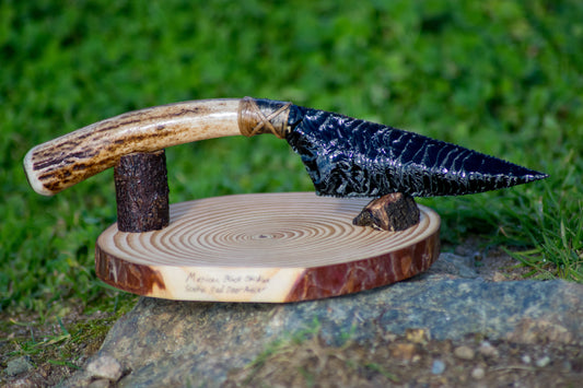 Bowman Lithics Signature Knife #006 – Mexican Black Obsidian Tanged Blade with Scottish Red Deer Antler Handle