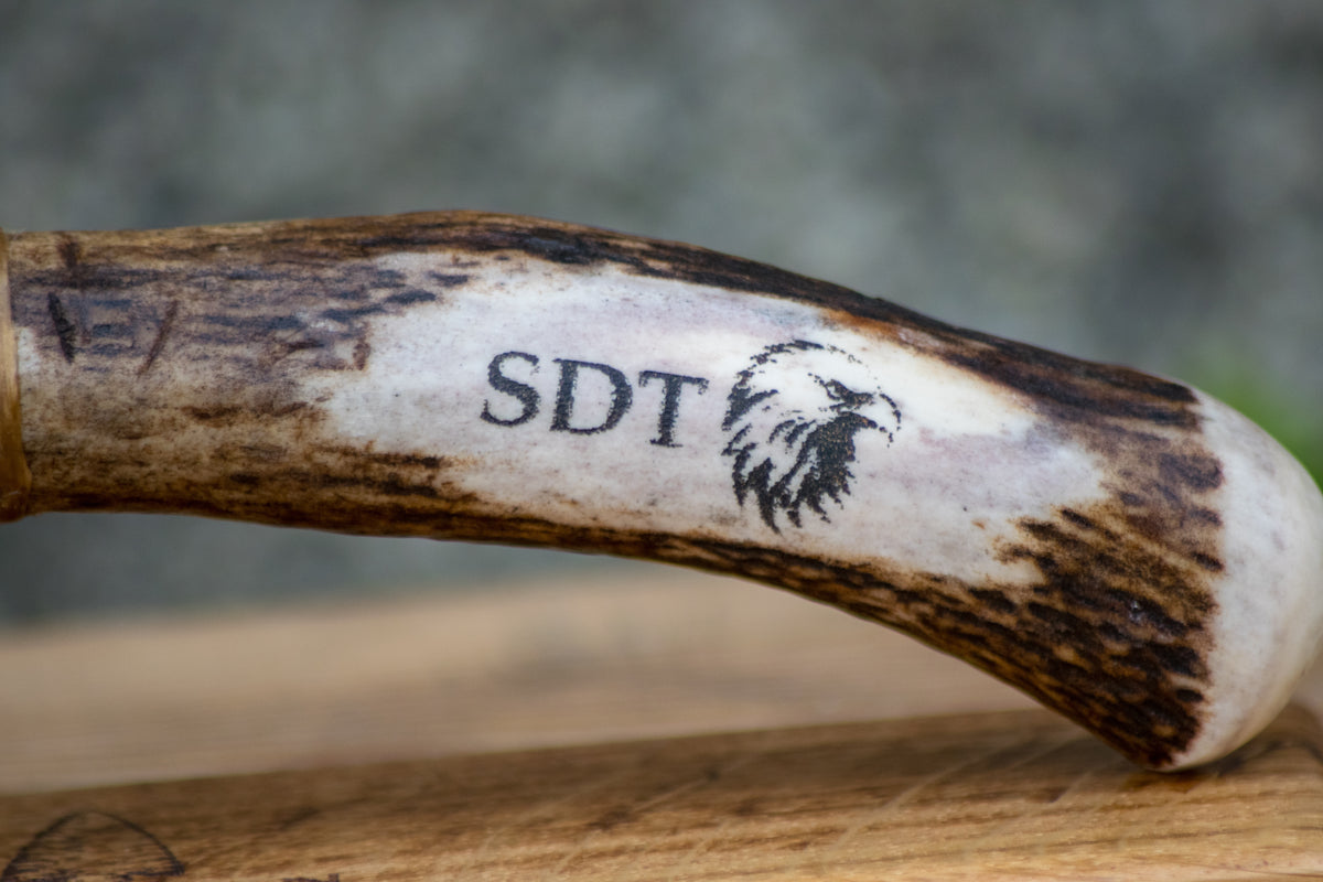 Bowman Lithics Signature Knife #024 – Black Obsidian with Custom Engraved Scottish Red Deer Antler Handle