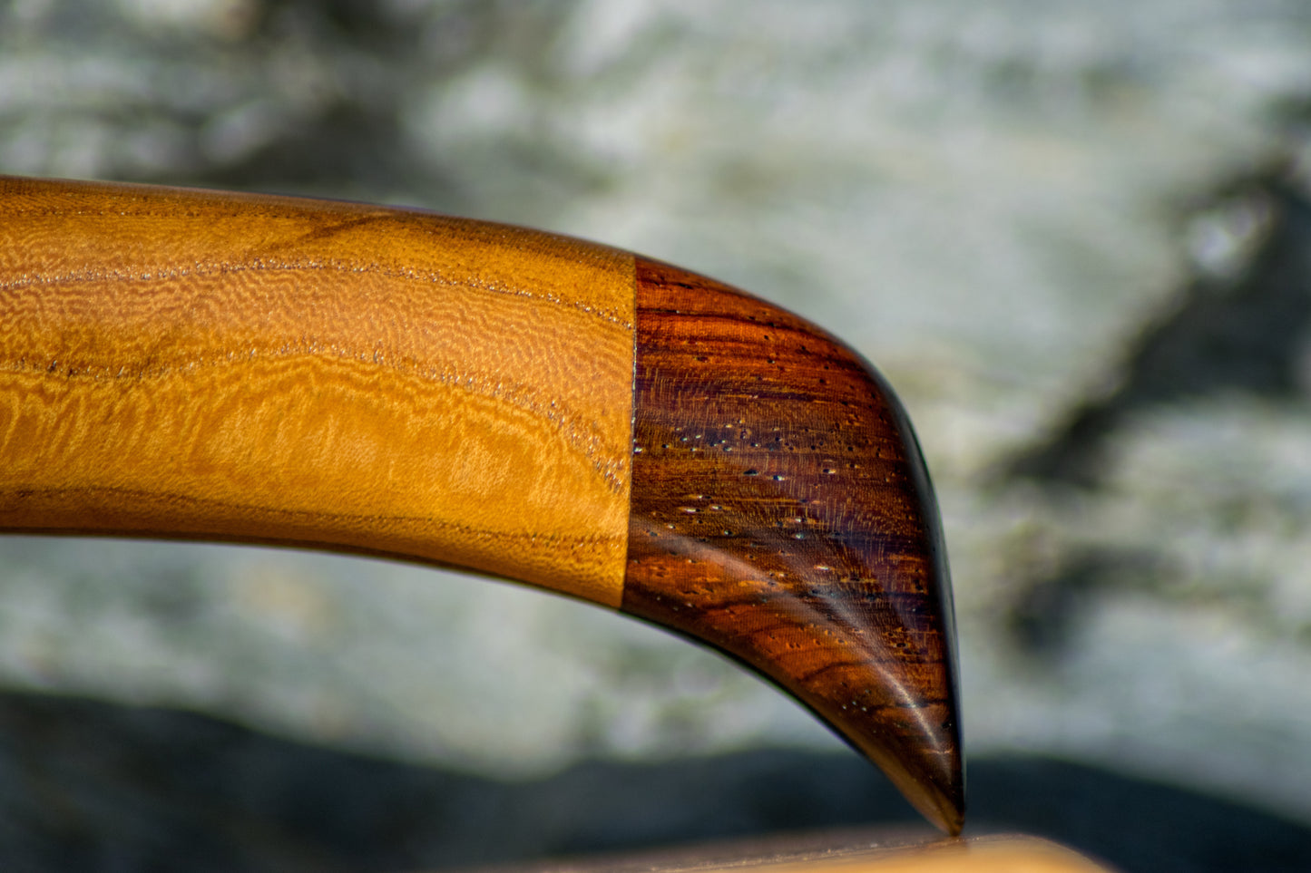 Bowman Lithics Signature Knife #018 – Mahogany Obsidian with Wych Elm, Walnut & Cocobolo Handle