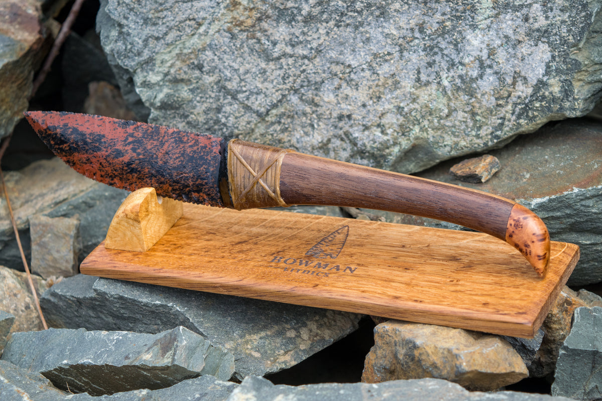 Bowman Lithics Signature Knife #022 – Mahogany Obsidian with Walnut, Oak & Thuya Burl Handle