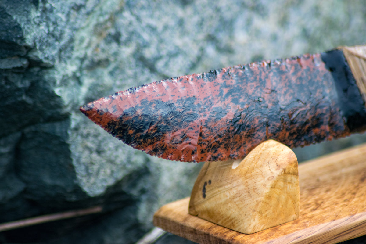 Bowman Lithics Signature Knife #022 – Mahogany Obsidian with Walnut, Oak & Thuya Burl Handle