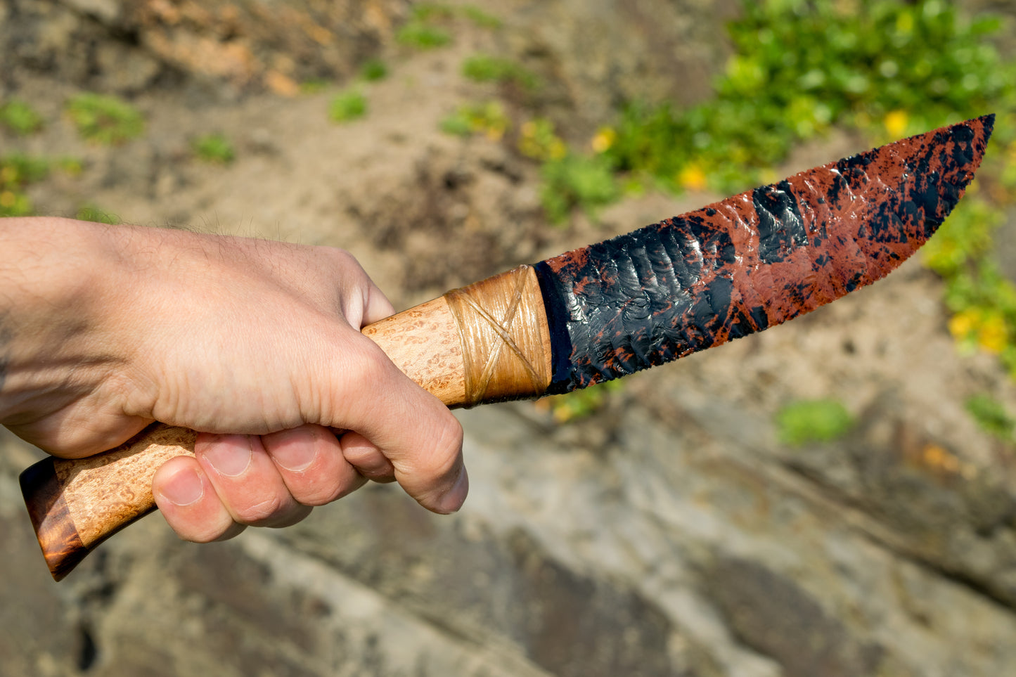 Bowman Lithics Signature Knife #011 – Oregon Mahogany Obsidian Straight Back Blade with Oak, Maple & Burl Handle