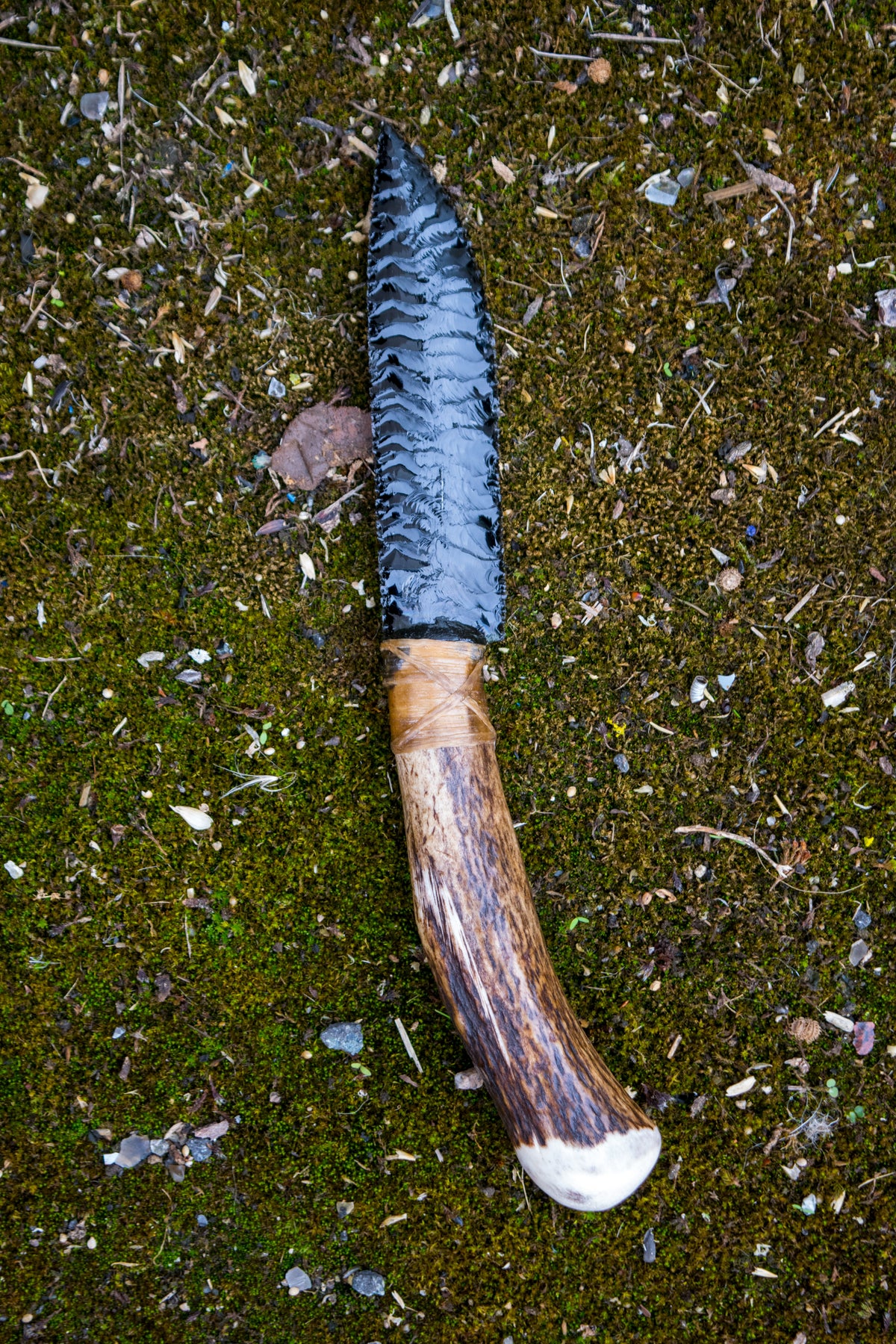 Bowman Lithics Signature Knife #024 – Black Obsidian with Custom Engraved Scottish Red Deer Antler Handle