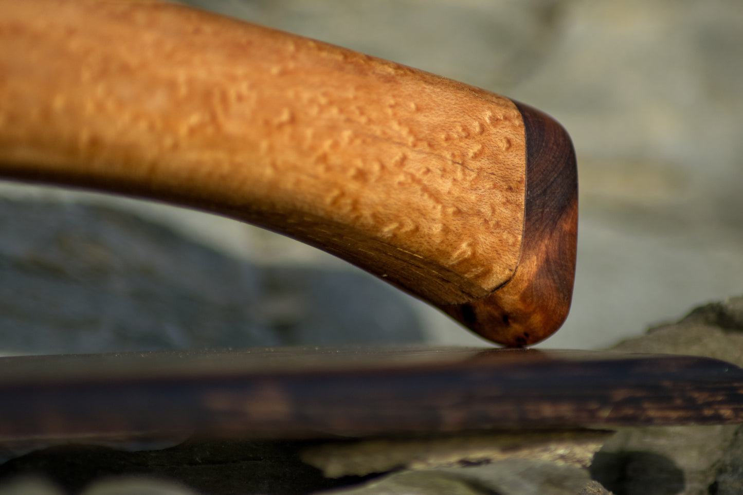 Bowman Lithics Signature Knife #011 – Oregon Mahogany Obsidian Straight Back Blade with Oak, Maple & Burl Handle