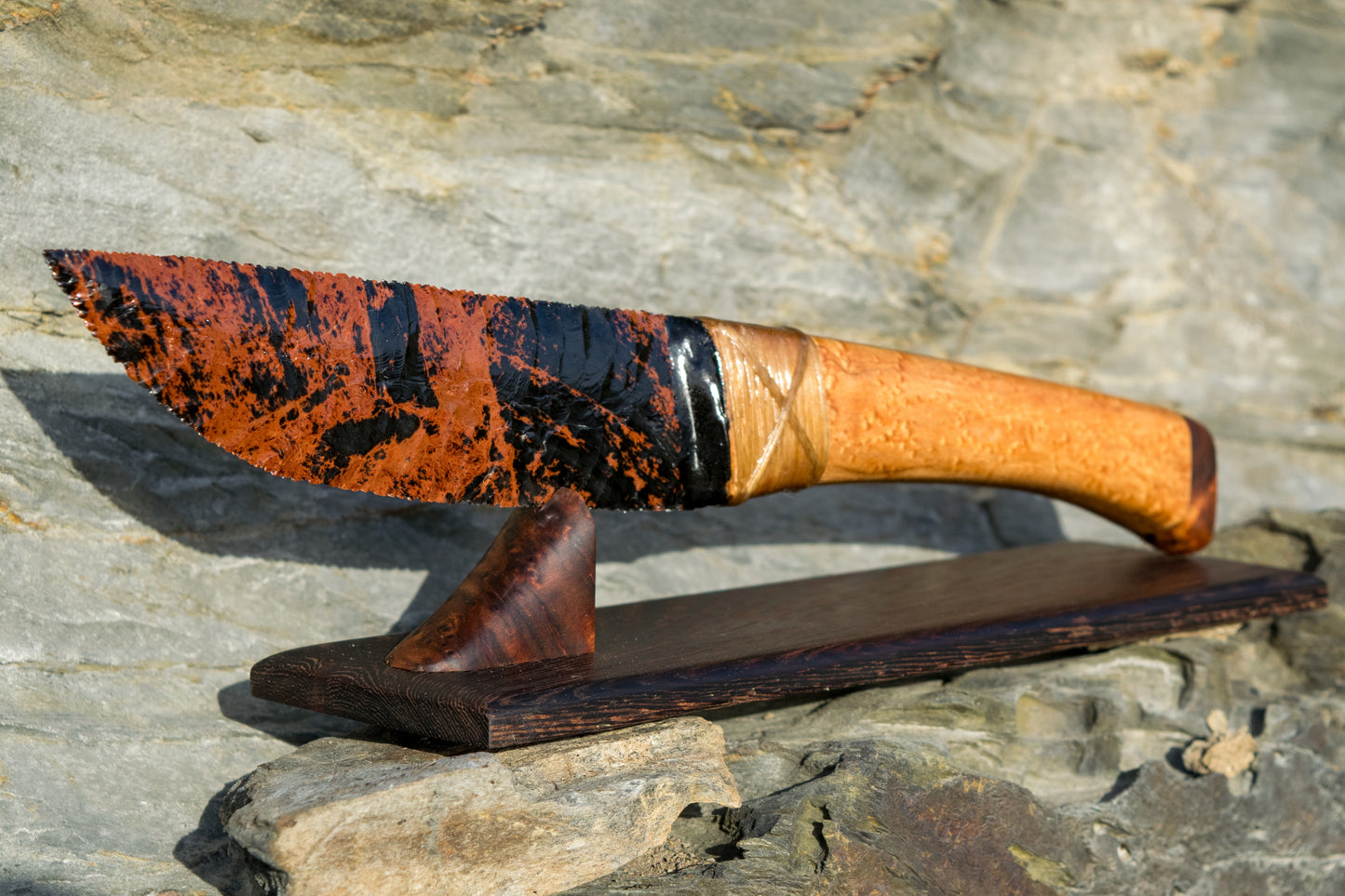 Bowman Lithics Signature Knife #011 – Oregon Mahogany Obsidian Straight Back Blade with Oak, Maple & Burl Handle