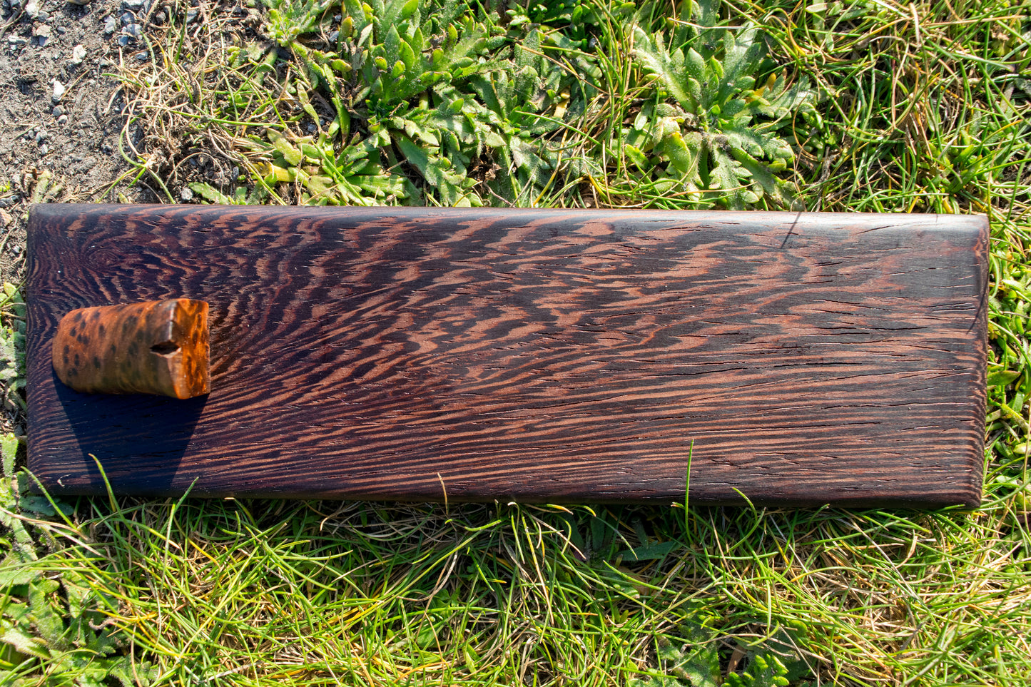 Bowman Lithics Signature Knife #011 – Oregon Mahogany Obsidian Straight Back Blade with Oak, Maple & Burl Handle