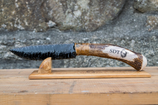 Bowman Lithics Signature Knife #024 – Black Obsidian with Custom Engraved Scottish Red Deer Antler Handle