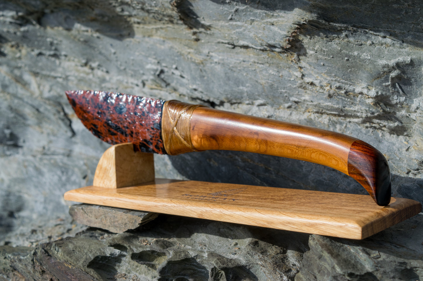 Bowman Lithics Signature Knife #018 – Mahogany Obsidian with Wych Elm, Walnut & Cocobolo Handle