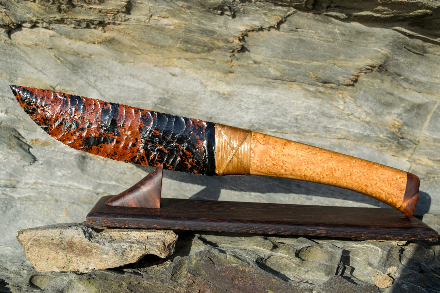 Bowman Lithics Signature Knife #011 – Oregon Mahogany Obsidian Straight Back Blade with Oak, Maple & Burl Handle