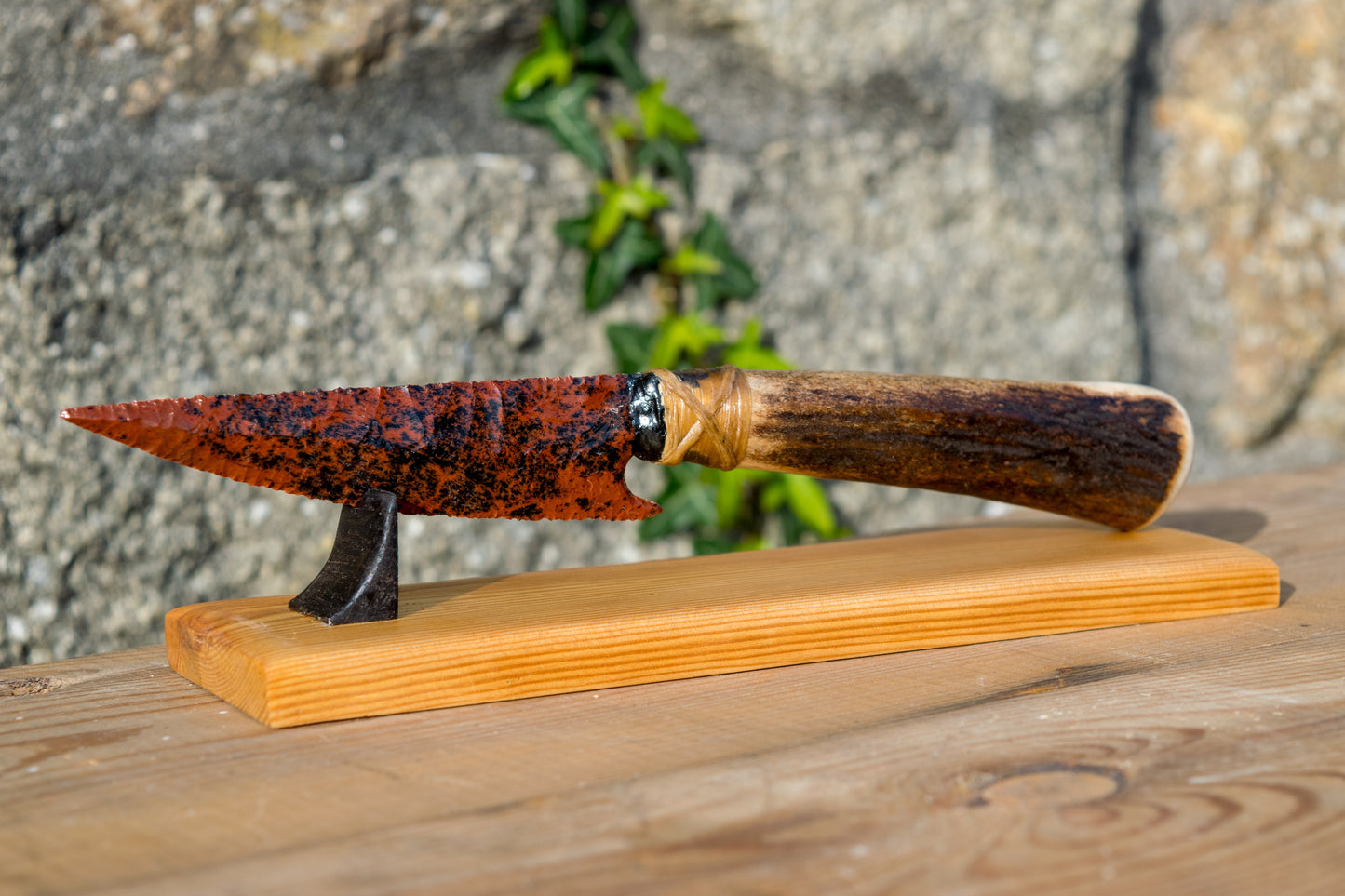 Bowman Lithics Signature Knife #005 – Mahogany Obsidian Straight Back Blade with Red Deer Antler Handle