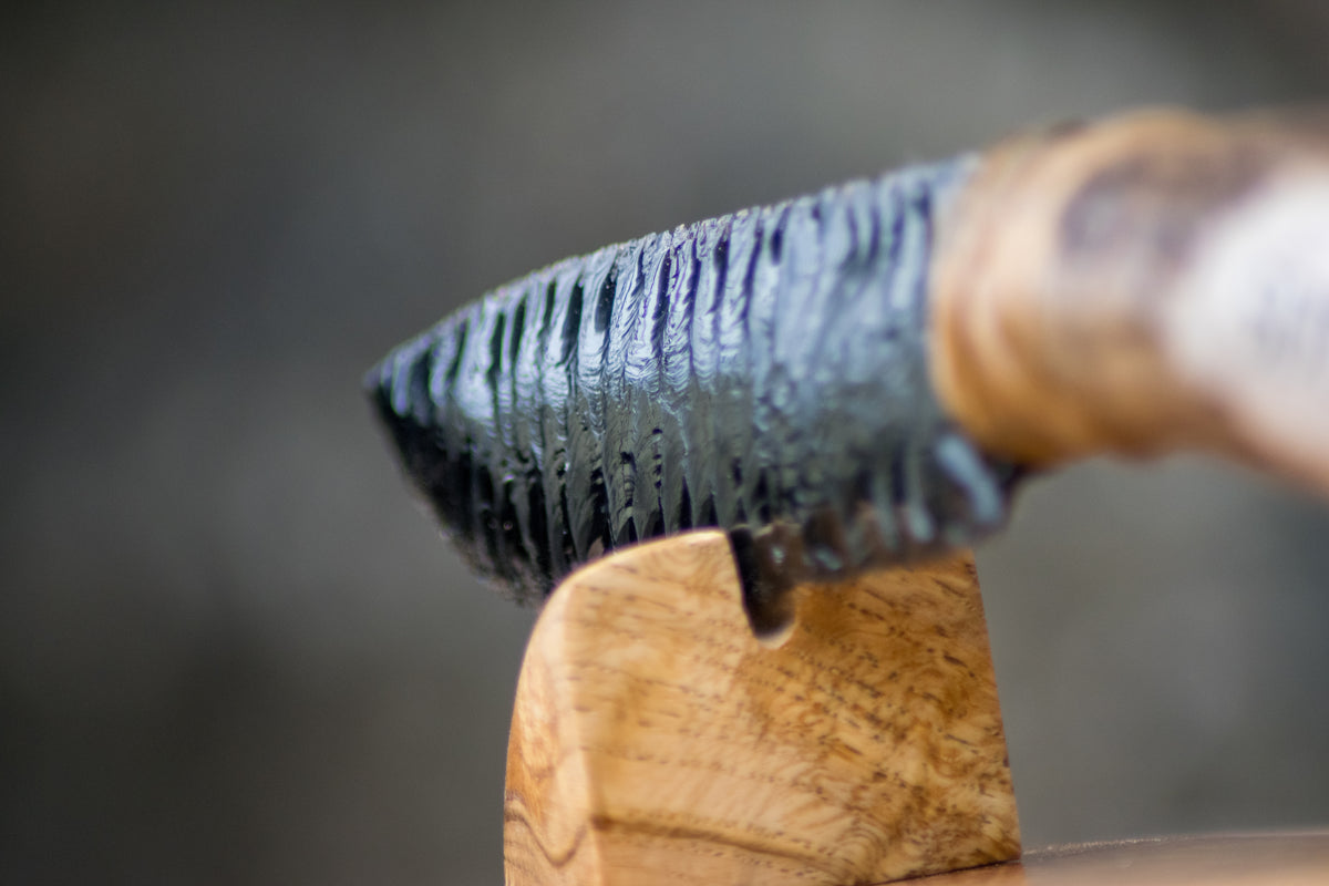 Bowman Lithics Signature Knife #024 – Black Obsidian with Custom Engraved Scottish Red Deer Antler Handle