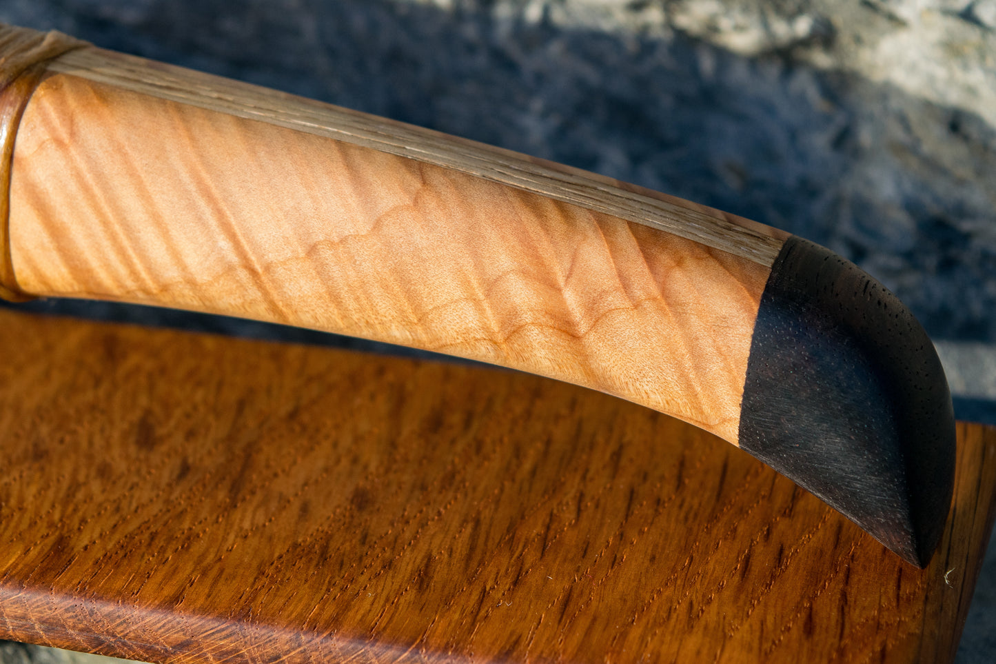 Bowman Lithics Signature Knife #017 – Rainbow Obsidian with English Oak, Australian Maple & Ebony