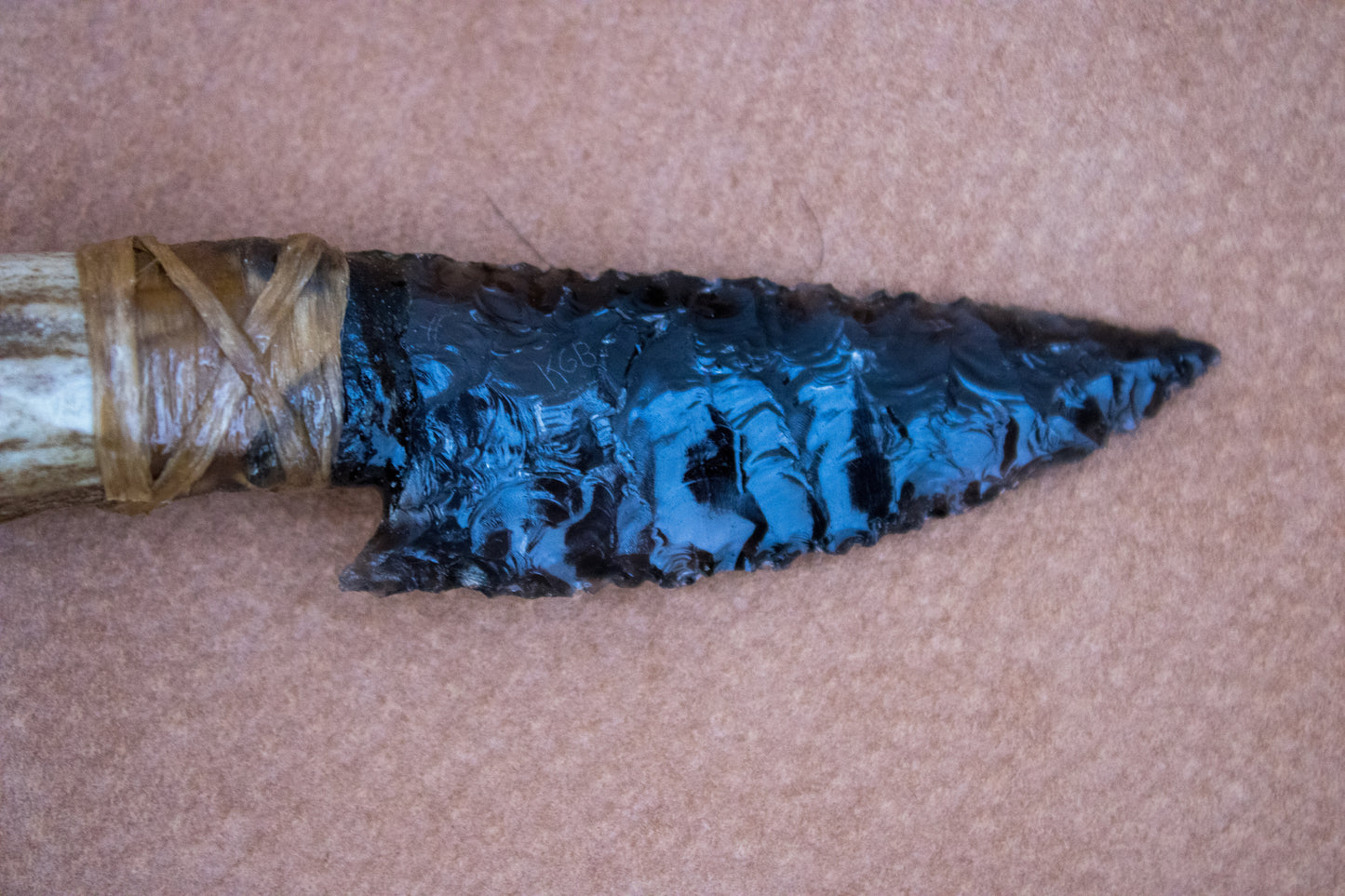 Bowman Lithics Signature Knife #001 – Rainbow Obsidian Tanged Blade with Red Deer Horn Handle