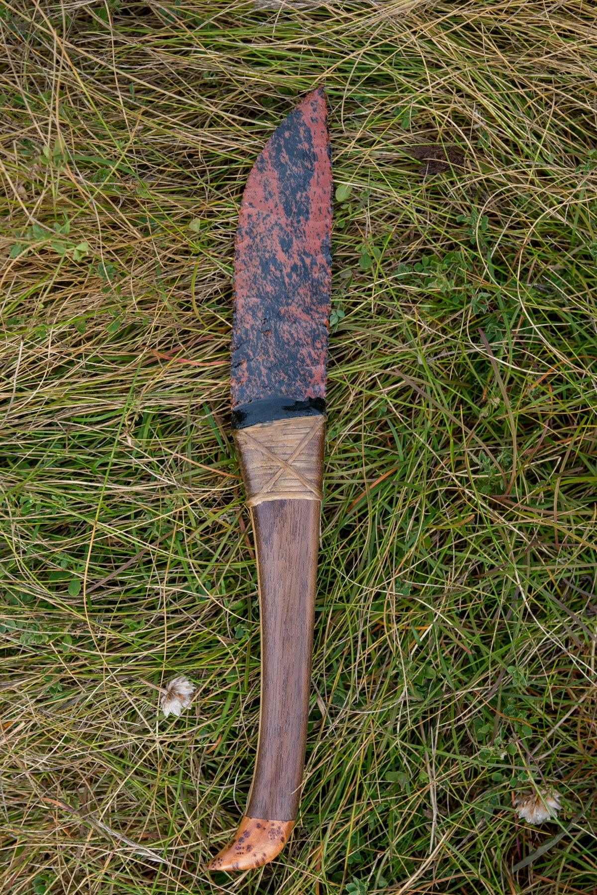 Bowman Lithics Signature Knife #022 – Mahogany Obsidian with Walnut, Oak & Thuya Burl Handle