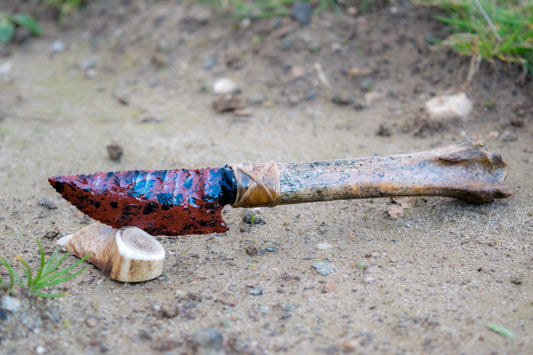 Bowman Lithics Signature Knife #008 – Mahogany Obsidian Tanged Blade with Sheep Leg Bone Handle