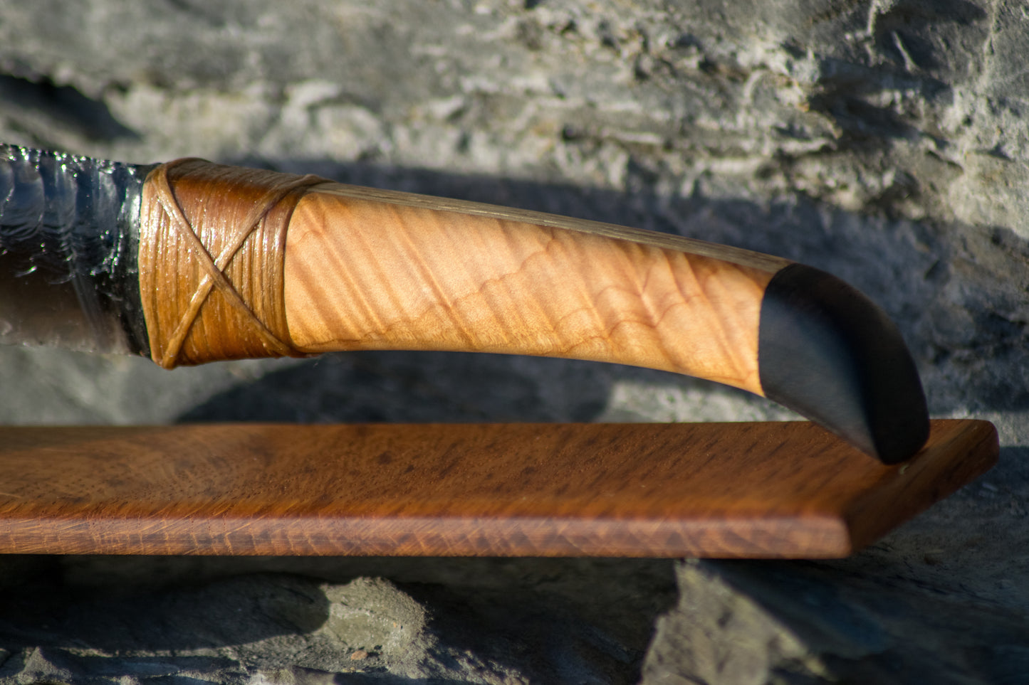 Bowman Lithics Signature Knife #017 – Rainbow Obsidian with English Oak, Australian Maple & Ebony