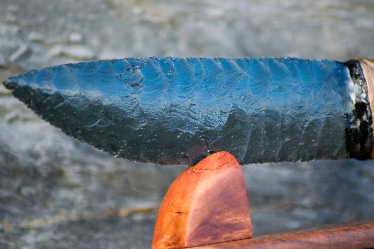 Bowman Lithics Signature Knife #016 – Green Sheen Obsidian with Solid Oak Handle