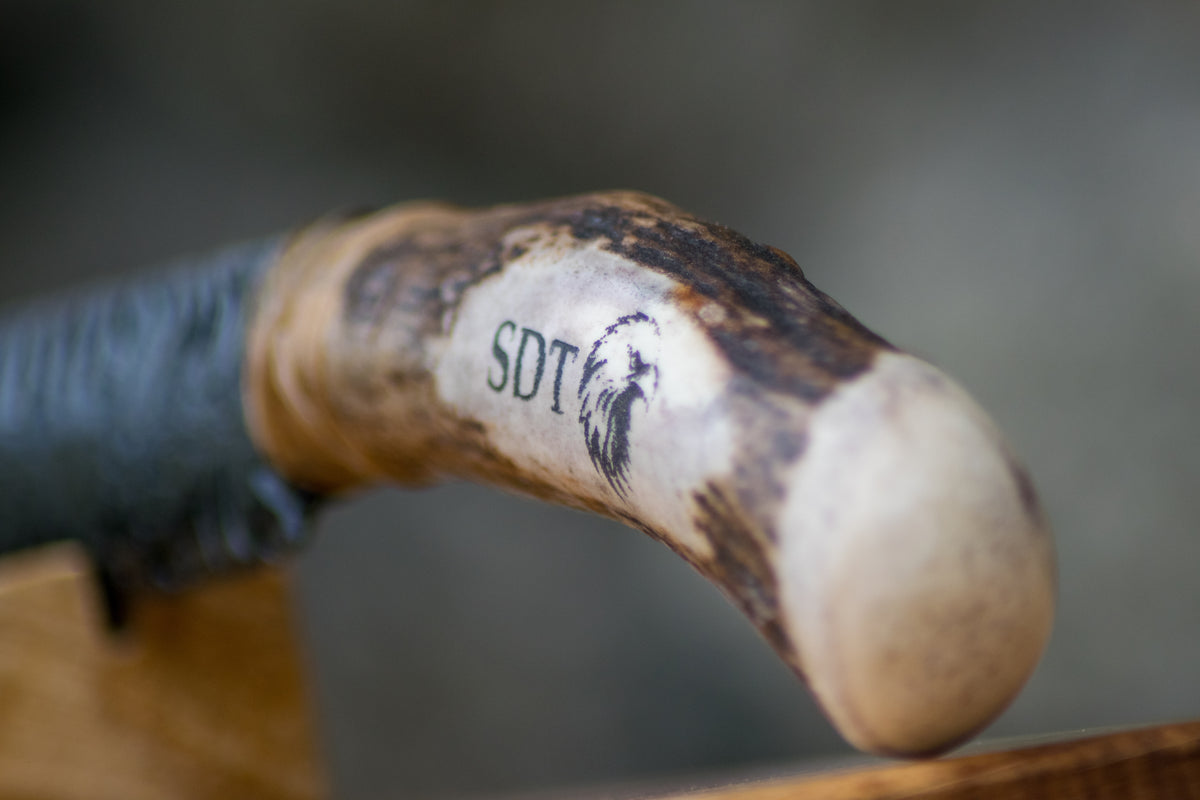 Bowman Lithics Signature Knife #024 – Black Obsidian with Custom Engraved Scottish Red Deer Antler Handle