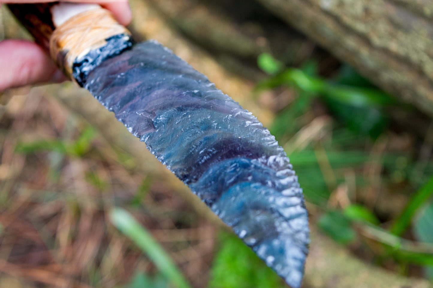 Bowman Lithics Signature Knife #007 – Rainbow Obsidian Straight Back Blade with Red Deer Antler Handle