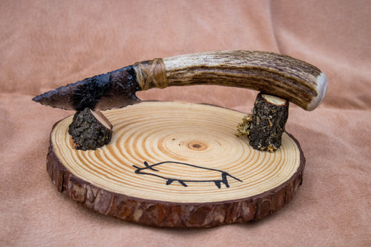 Bowman Lithics Signature Knife #001 – Rainbow Obsidian Tanged Blade with Red Deer Horn Handle