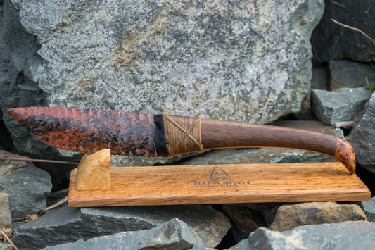 Bowman Lithics Signature Knife #022 – Mahogany Obsidian with Walnut, Oak & Thuya Burl Handle
