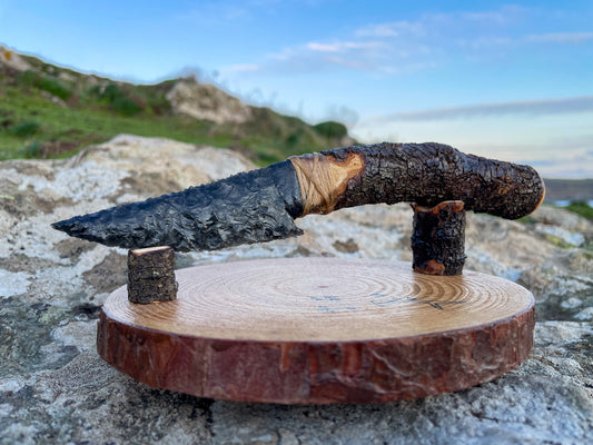 Bowman Lithics Signature Knife #002 – Silver Sheen Obsidian Tanged Blade with Wild Cornish Tamarisk Handle