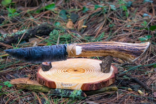 Bowman Lithics Signature Knife #007 – Rainbow Obsidian Straight Back Blade with Red Deer Antler Handle