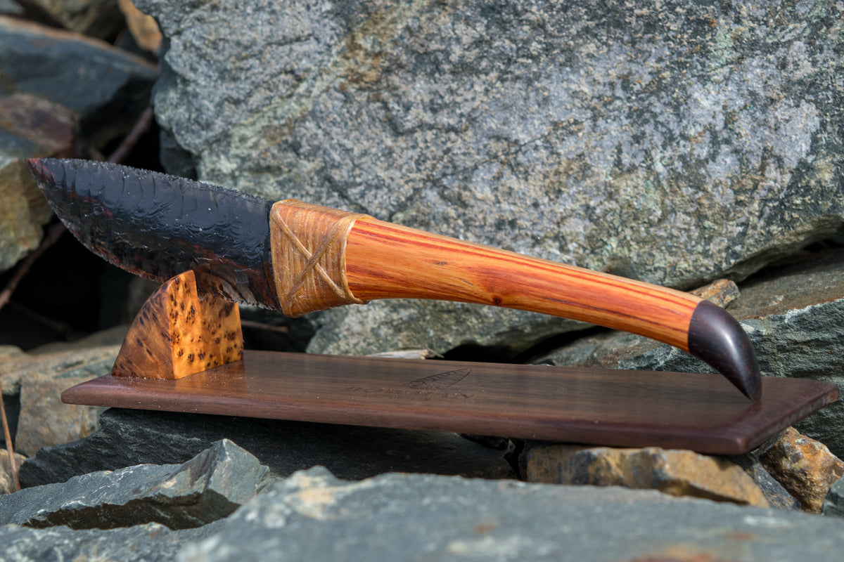 Bowman Lithics Signature Knife #021 – Midnight Lace Obsidian with Tulip, Oak & Burl Handle