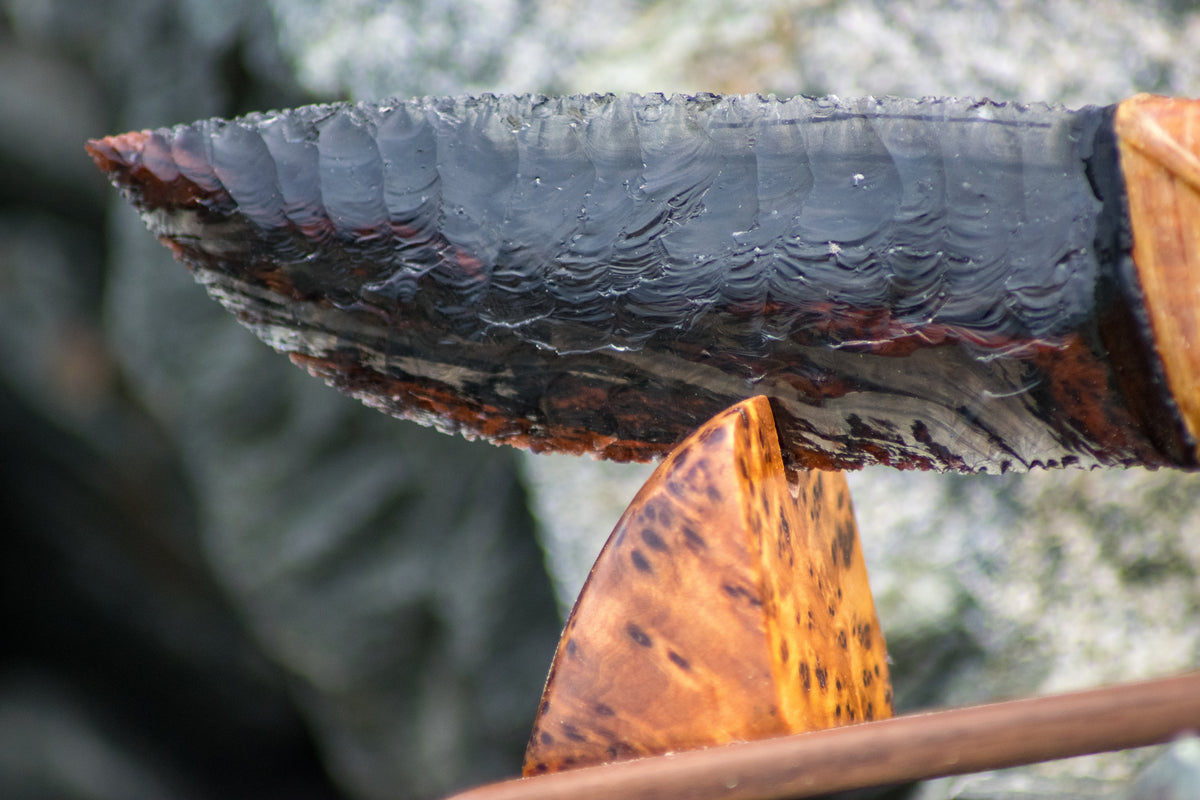 Bowman Lithics Signature Knife #021 – Midnight Lace Obsidian with Tulip, Oak & Burl Handle