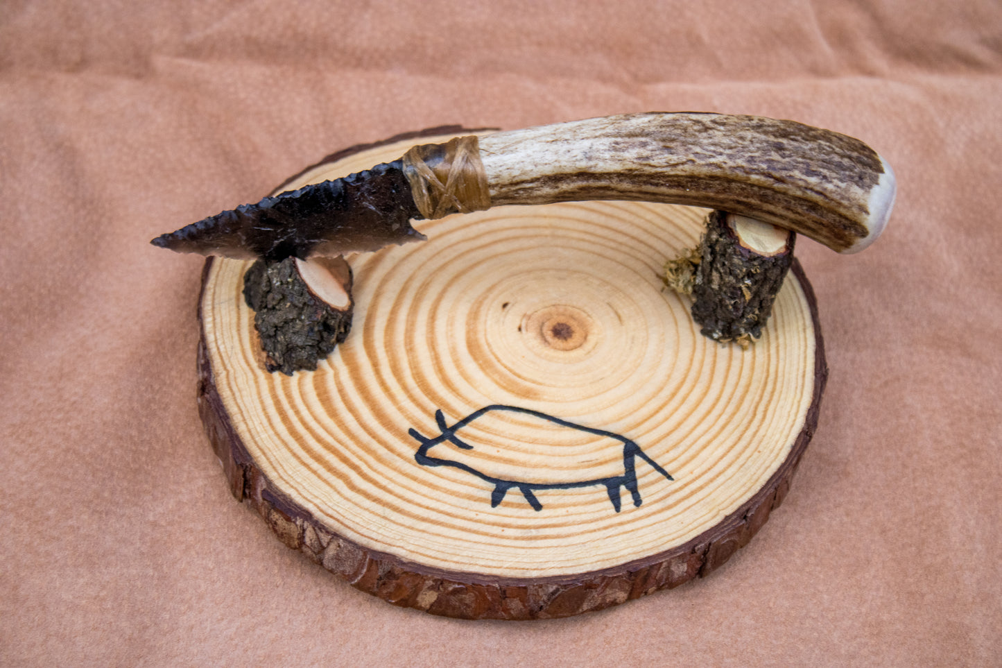 Bowman Lithics Signature Knife #001 – Rainbow Obsidian Tanged Blade with Red Deer Horn Handle