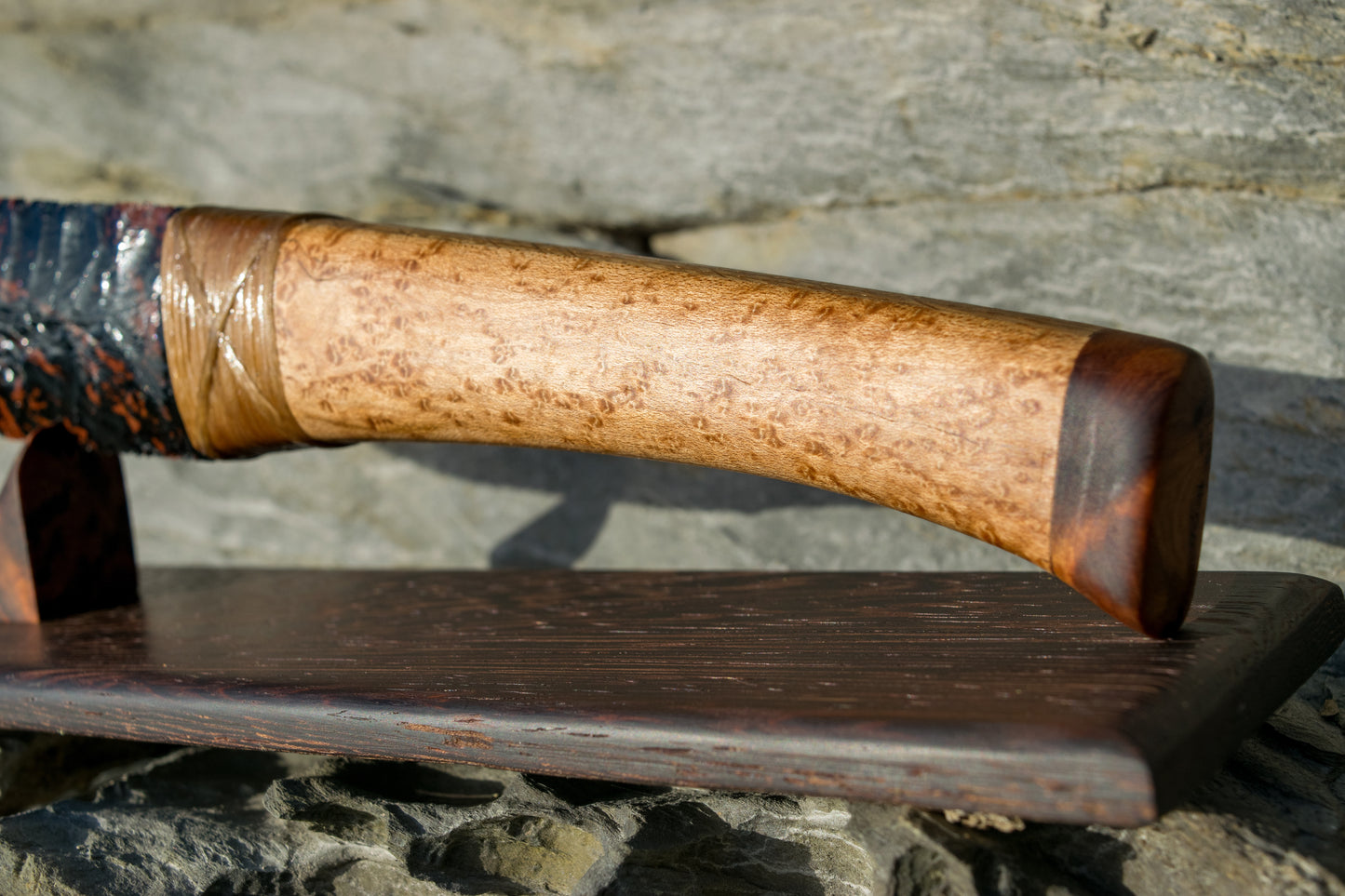 Bowman Lithics Signature Knife #011 – Oregon Mahogany Obsidian Straight Back Blade with Oak, Maple & Burl Handle