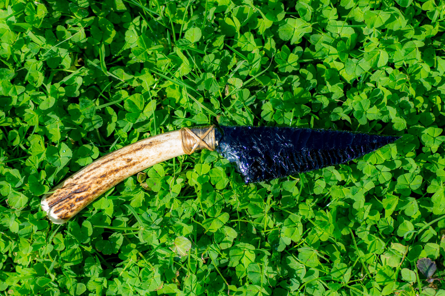 Bowman Lithics Signature Knife #006 – Mexican Black Obsidian Tanged Blade with Scottish Red Deer Antler Handle