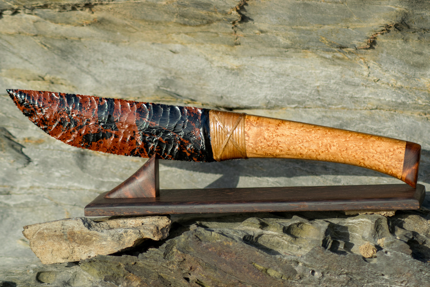 Bowman Lithics Signature Knife #011 – Oregon Mahogany Obsidian Straight Back Blade with Oak, Maple & Burl Handle