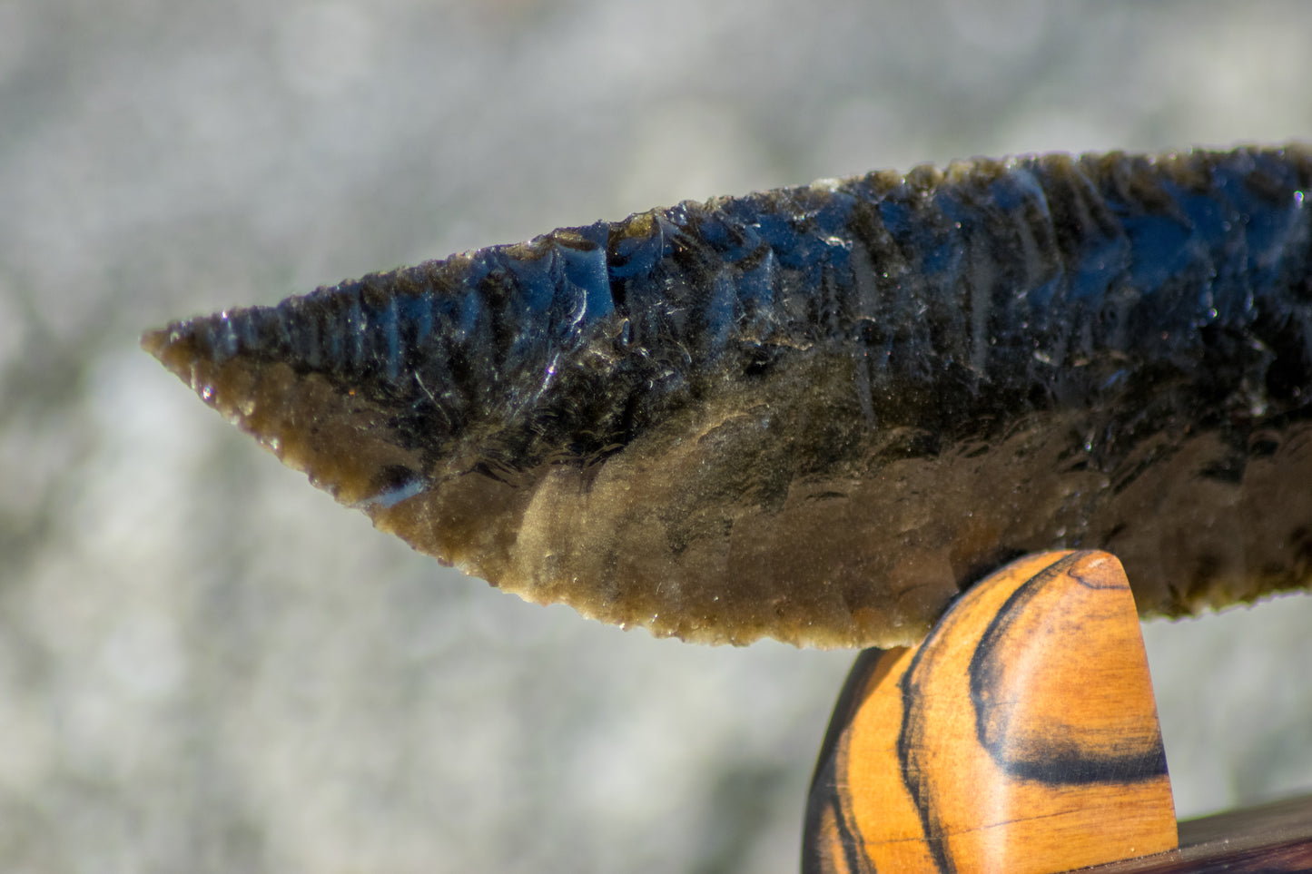 Bowman Lithics Signature Knife #015 – Gold Sheen Obsidian with Oak, Padauk & Rosewood Handle