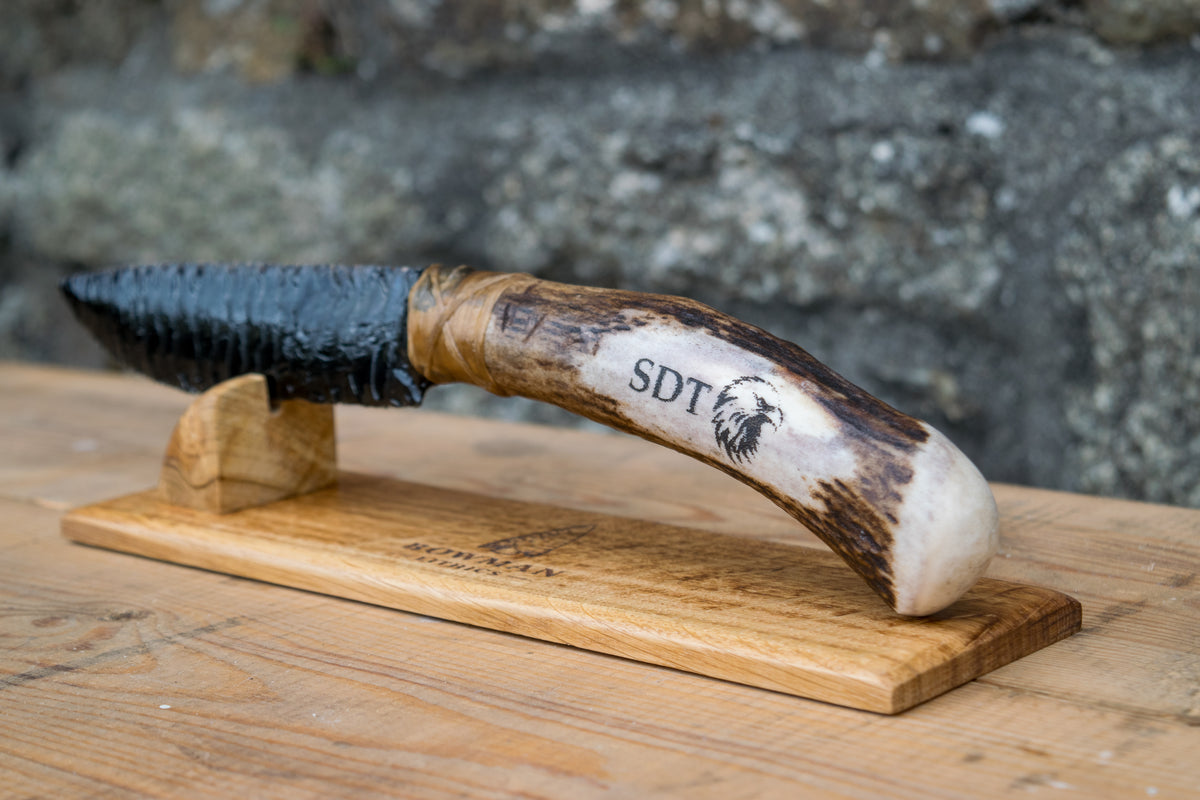 Bowman Lithics Signature Knife #024 – Black Obsidian with Custom Engraved Scottish Red Deer Antler Handle