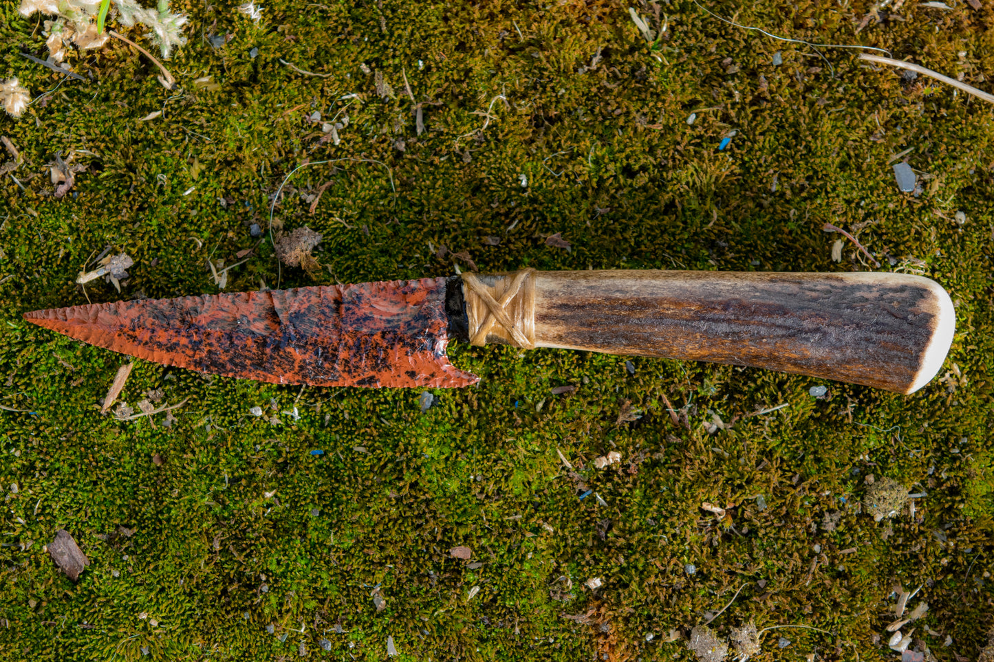 Bowman Lithics Signature Knife #005 – Mahogany Obsidian Straight Back Blade with Red Deer Antler Handle